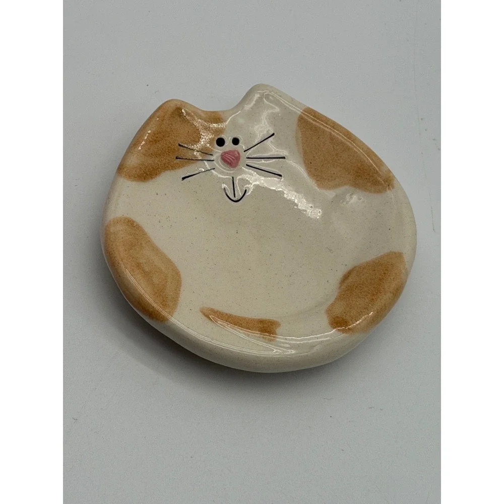 Ceramic Calico Cat Trinket Dish Kawaii Kitten Jewelry Ring Holder Tray 3.5in